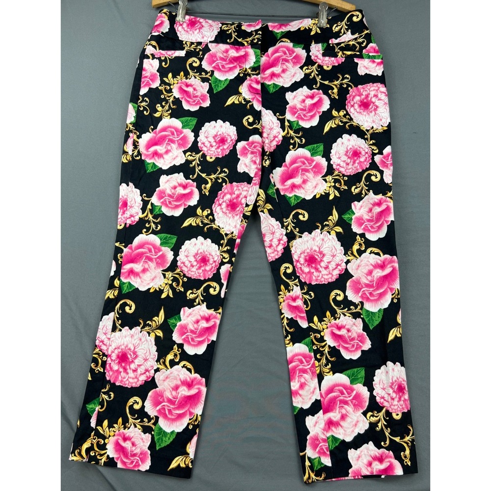 New York & Co Floral Baroque Pants Womens 8 Black Pink Gold Excellent Cropped
